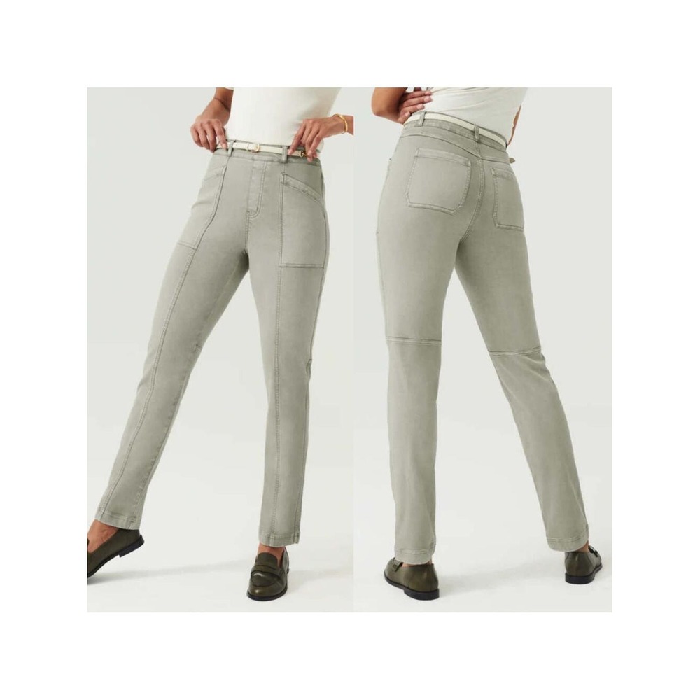 Spanx Jeans Womens Small Stretch Twill Straight Leg Pants Sage Green Pull On